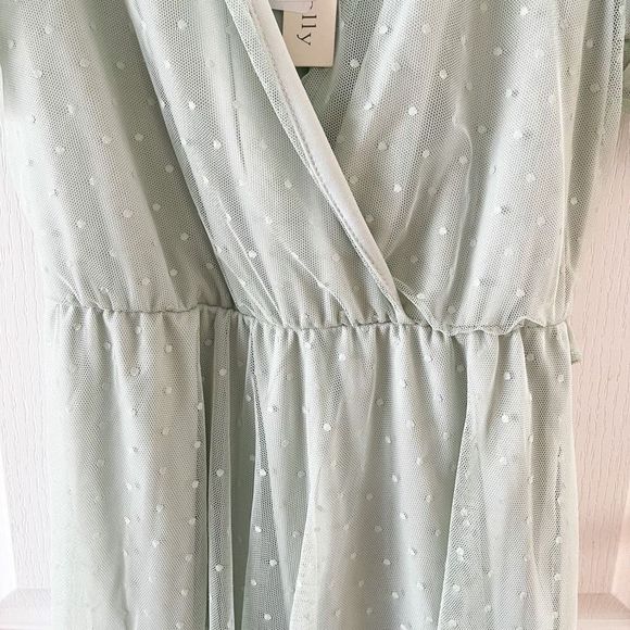 Allison & Kelly NWT Junior XS Pastel Green Ruffled Pokadot Dress with Ruffle Tri - Picture 6 of 11